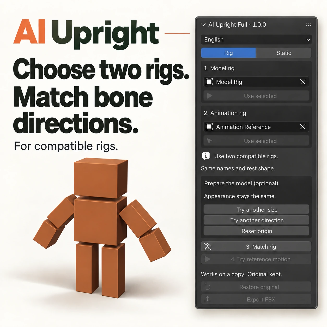 AIUpright panel in Rig mode with a model rig and an animation rig chosen.