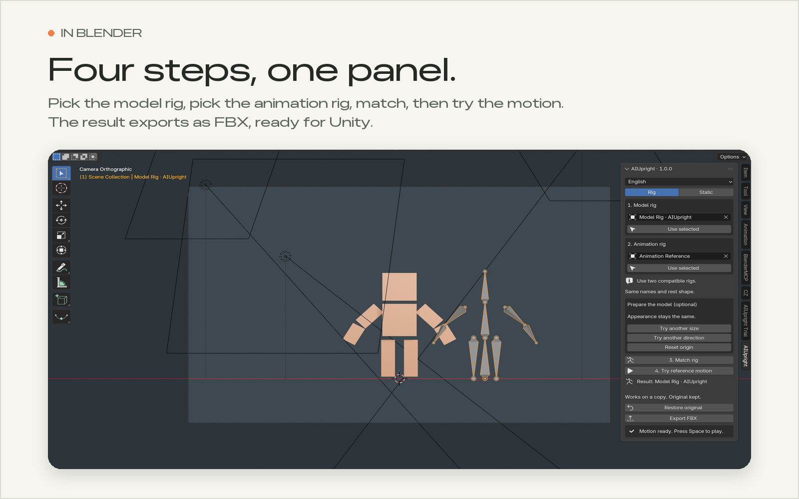 Screenshot of the AIUpright panel inside Blender with the four workflow steps.