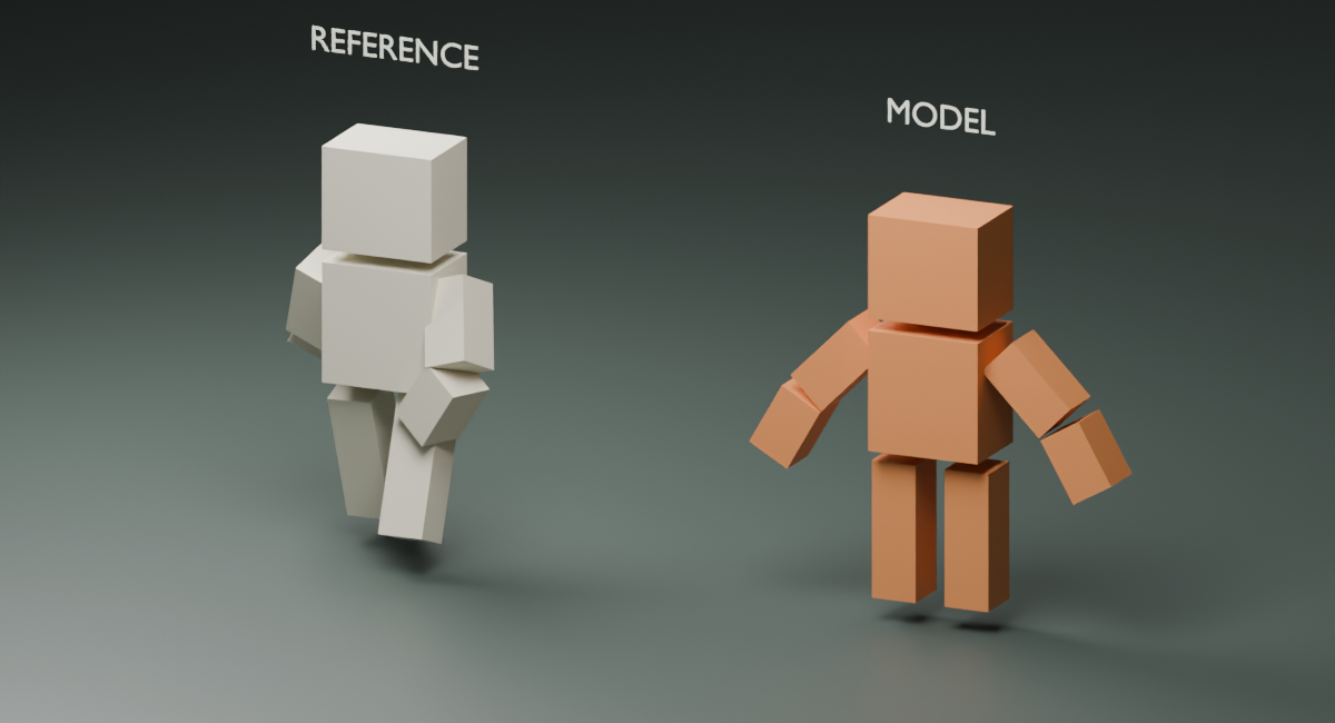Before matching: the model's limbs do not follow the reference. Generated compatible sample, rendered in Blender.